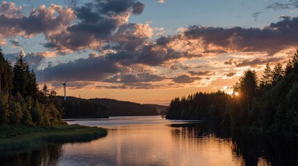 A serene river flows between dense forests under a dramatic sunset sky with scattered clouds and a wind turbine in the distance.