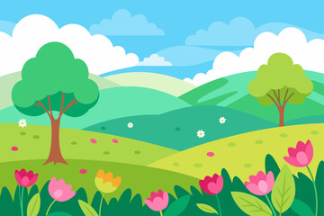 Fototapeta premium Watercolor Scene of Meadows in Spring Bloom