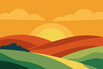 Watercolor Sunset Over Rolling Hills And Golden Fields