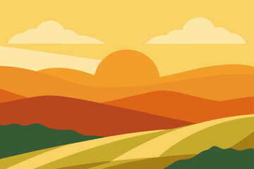 Obraz premium Watercolor Sunset Over Rolling Hills And Golden Fields