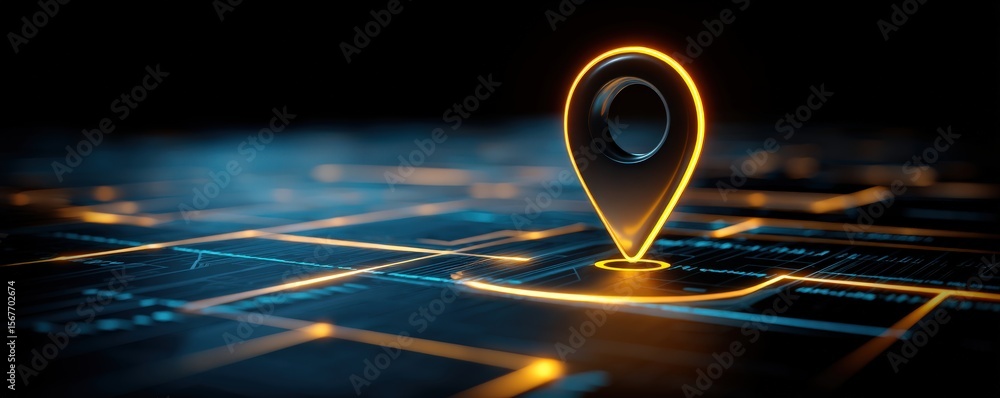 Aufkleber a glowing digital map pin marker highlights a location on a futuristic, illuminated grid map interfa