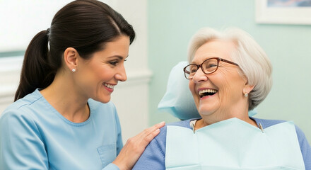 Fototapeta premium A female dentist consulting with a senior woman, discussing her dental health and treatment plan