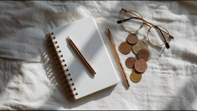 A spiral notebook, pen, eyeglasses, and scattered coins are arranged on a soft white surface in natural light.