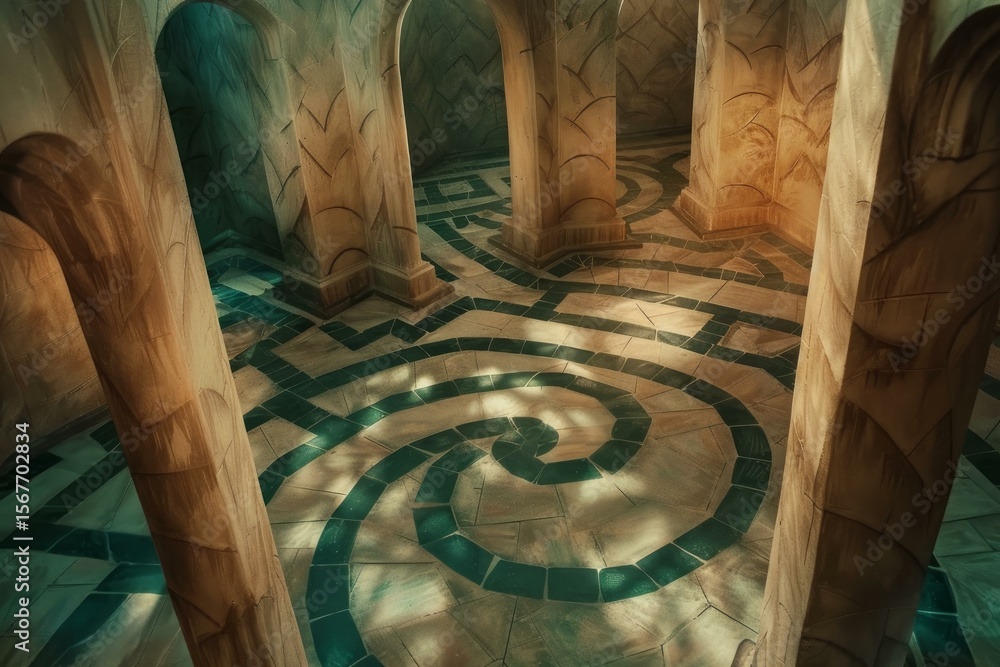Poster sunlight streams through arched doorways, illuminating an elaborate floor design in an ancient, myst