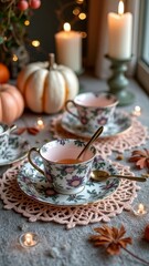 Cozy autumn tea setting with floral china teacups and pumpkins near candlelit window