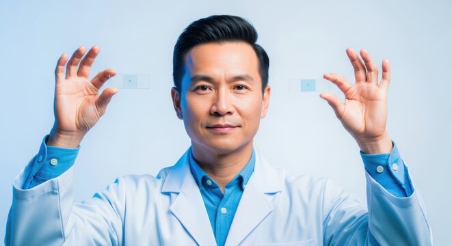 Asian male scientist holding glass slides in laboratory setting