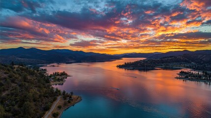 Naklejka premium A breathtaking sunset casts vibrant orange and purple hues over a serene lake surrounded by forested hills and mountains in the distance.