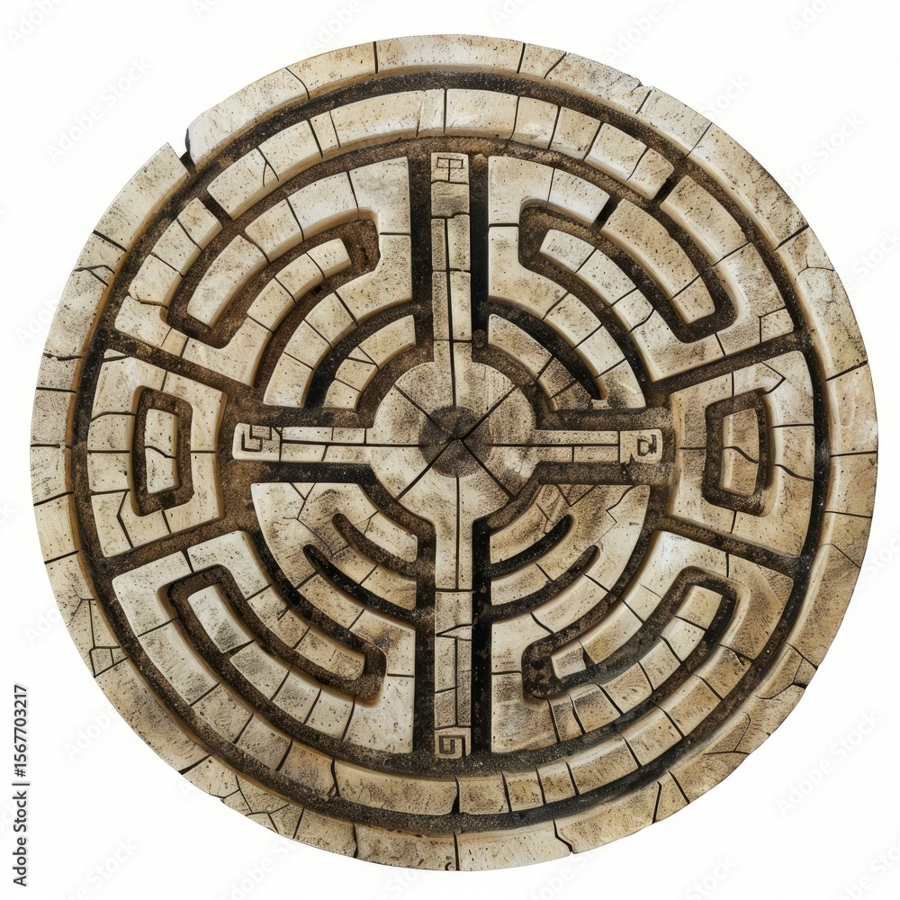 Poster intricate pathways carved into a round stone labyrinth symbolize challenge, problem solving, and the