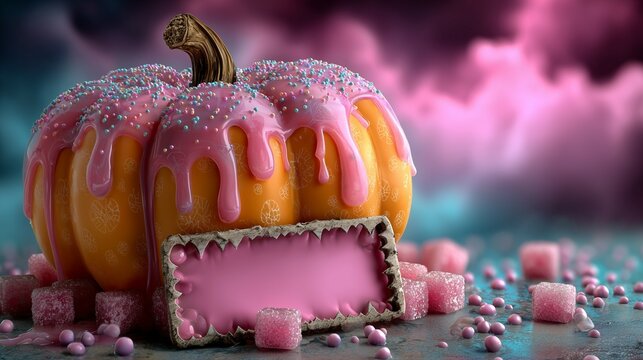 orange-pink halloween candy pumpkin with empty sign