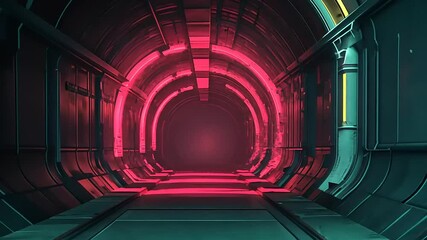 Futuristic tunnel with glowing neon lights creating a vibrant atmosphere in a sci-fi setting - Powered by Adobe