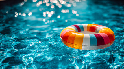 Naklejka premium Colorful inflatable ring floating in swimming pool water