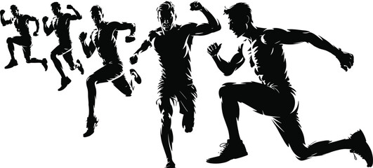 Dynamic Male Runners Silhouettes, Athletes in Action, Sprinting, Jumping, Fitness, Exercise, Sport, Energy, Vector Illustration