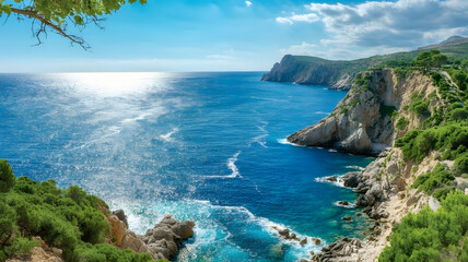 Tranquil Sunrise Over Ocean and Mountains in Panoramic Harmony