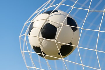 A black and white soccer ball is captured mid-air in a white net against a clear blue sky, triumph.