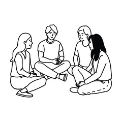 Group Of Young People Sitting Together On Ground For Friendship Gathering And Social Event