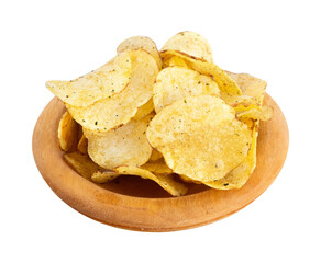 potato chips in a wooden bowl isolated on white