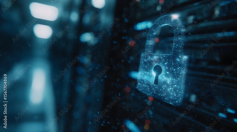 Poster secure digital network with glowing padlock icon over server racks