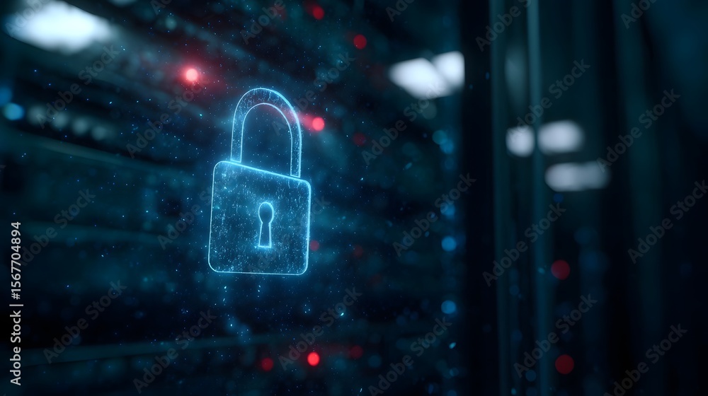 Poster secure data center with glowing padlock icon above server racks
