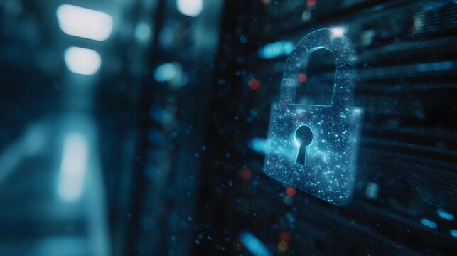Secure digital network with glowing padlock icon over server racks