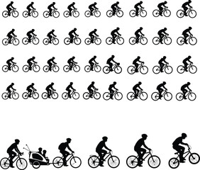 Diverse Bicycle Rider Silhouettes, Cycling Sport, Recreation, Group, Family, Eco-Friendly Transport, Healthy Lifestyle, Outdoor Activity, Vector