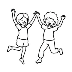 Happy Jumping Children Holding Hands In One Line Style For Friendship And Joyful Illustration