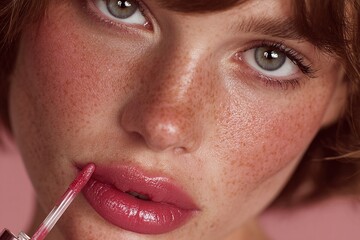 Obraz premium Close-up of a female model’s face and upper body against a softly vignetted studio background, soft lighting with harmonious pink tones illuminating her complexion.
