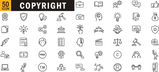 Copyright editable outline icon set. Intellectual property, trademark, patent, license and legal protection.
