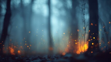 Defocused forest background with fireflies and eerie shadows, Halloween ambiance, magical horror. 
