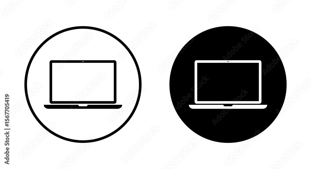 Poster laptop icon in black circle. modern computer device for digital work and internet symbol