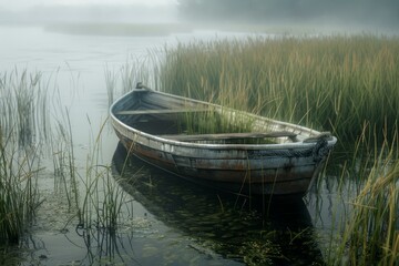 Old wooden rowboat is partially submerged, taking on water and sinking in a swamp or marsh on a foggy morning
