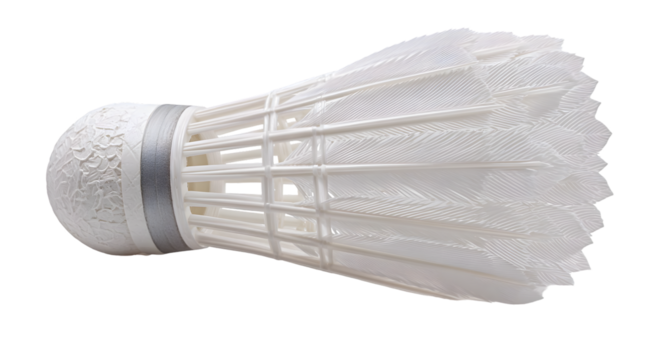 White shuttlecock with decorative design on the head.