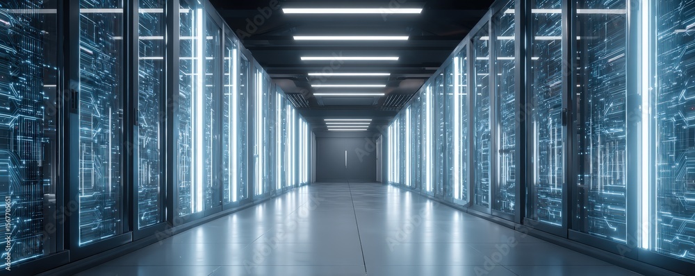 Poster a futuristic data center corridor with glowing server racks on both sides and a sleek, illuminated c