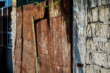 A rusty door with a wooden handle is leaning against a wall. The door is old and worn, with a few holes in it. The wall behind the door is made of bricks and has a few vines growing on it