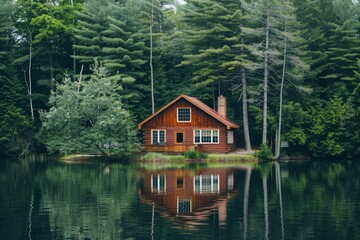 Obraz premium Charming wooden cabin nestled among trees, reflecting serenely on the calm waters of a forest lake