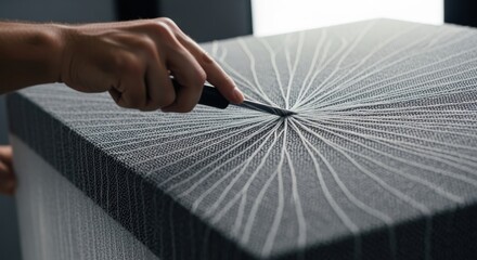 Artistic hand carving lines on textured surface with knife in close-up detail