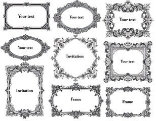 Fototapeta premium Collection of ornate black and white vintage decorative frames and borders vintage frame