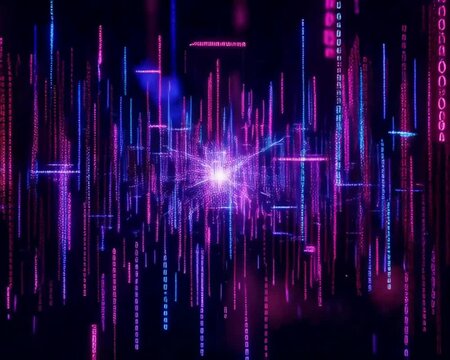 Digital Data Stream: A stunning and dynamic visual representation of binary code streaming, with neon-like lines and a central point, suggesting the digital world.