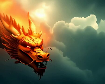Fiery Dragon Soaring Through the Sky: A majestic dragon, its scales gleaming with celestial fire, cuts a swathe through a dramatic sky, embodying power, myth, and the sublime.
