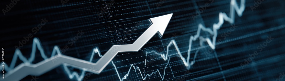 Poster a digital graph with fluctuating lines and a prominent upward arrow indicating growth or progress ag
