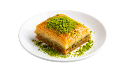Delicious piece of traditional Middle Eastern kunafa dessert topped with chopped pistachios single peice on plate  on transparent background.