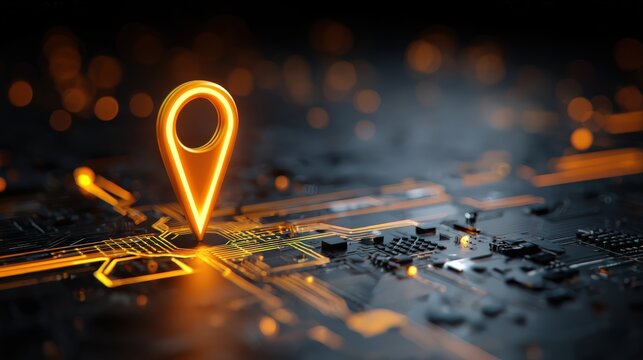 A glowing orange location pin hovers above a dark, circuit-like map with illuminated pathways, symbolizing digital navigation and geolocation technology.