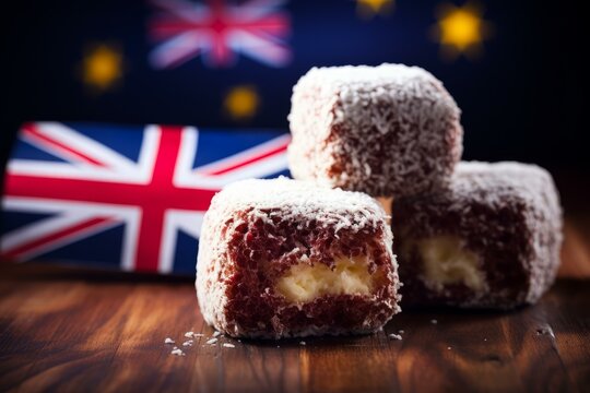 Delicious lamingtons covered with desiccated coconut and filled with cream and jam, celebrating australia day with the australian flag - Powered by Adobe
