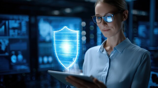 A professional woman wearing glasses interacts with a digital shield hologram, symbolizing cybersecurity and data protection in a high-tech environment.
