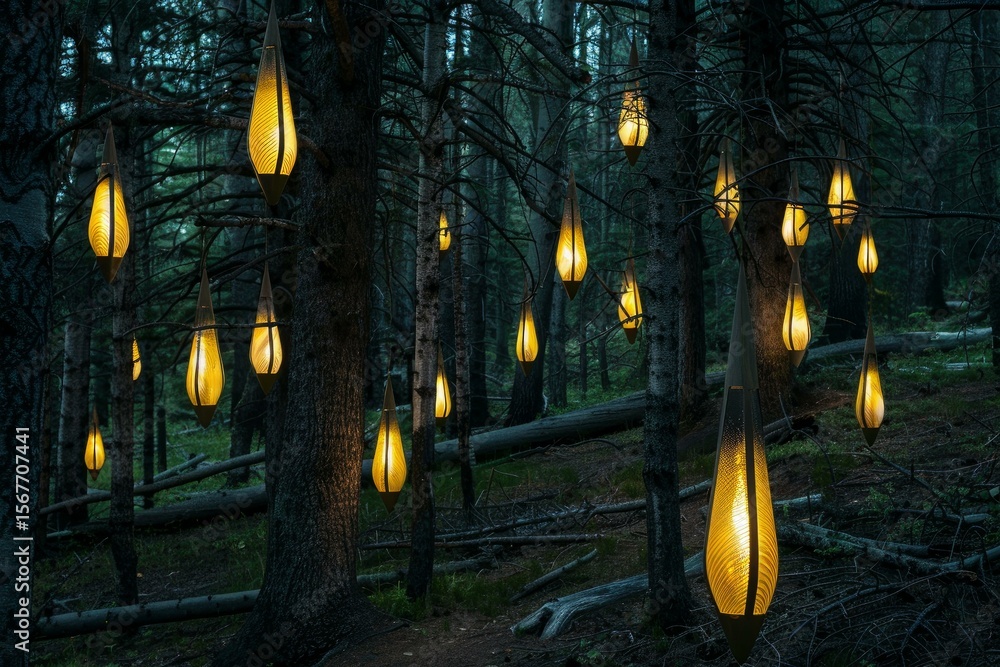 Poster teardrop shaped lanterns illuminate a dark forest, creating a magical and enchanting atmosphere