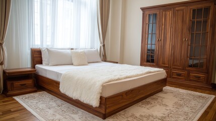 Comfortable and spotless room with functional bedside furniture and fluffy bed