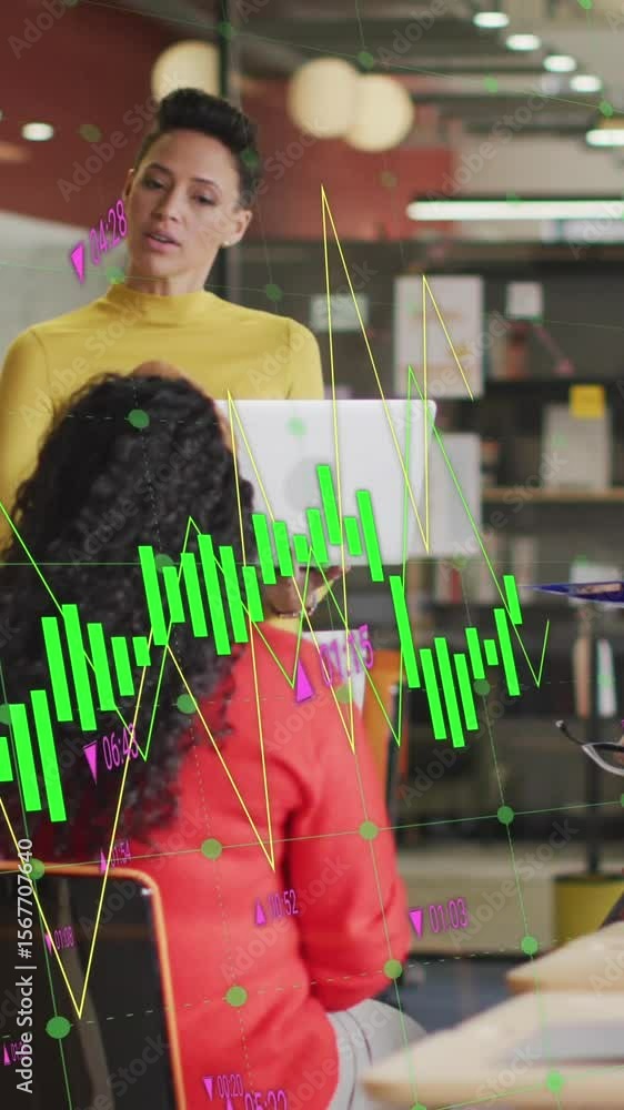 Poster animation of multiple graphs with changing numbers over diverse coworkers sharing ideas in office