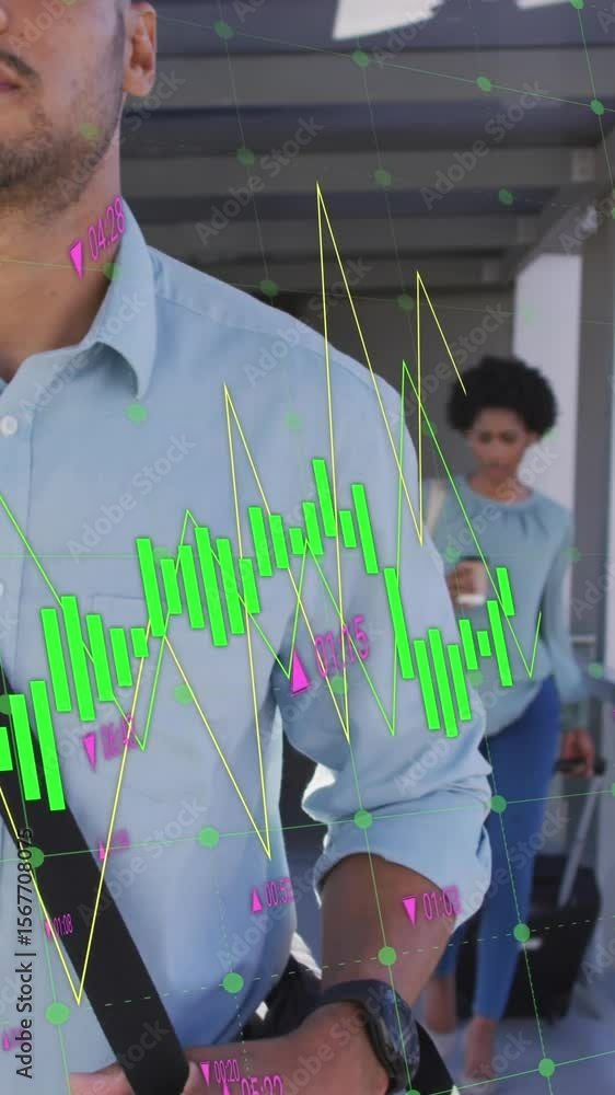 Poster Animation of multiple graphs with changing numbers, man with bag walking in corridor