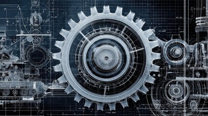 Machine blueprint visual with gear overlay and real-life components in background