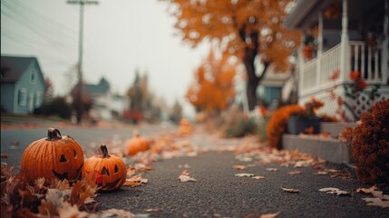 Defocused suburban street with carved pumpkins and fallen leaves, Halloween background, nostalgic tone. 