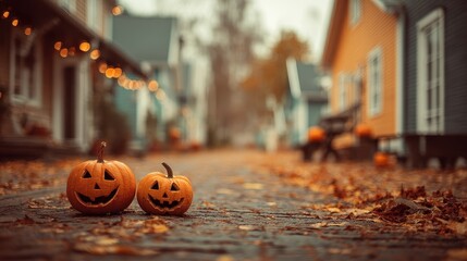 Defocused suburban street with carved pumpkins and fallen leaves, Halloween background, nostalgic tone. 